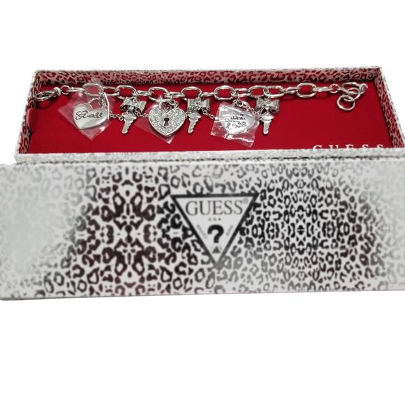 Guess Jewelry - Guess Silver Tone Heart Charm Bracelet Gift Box Charm Bracelet